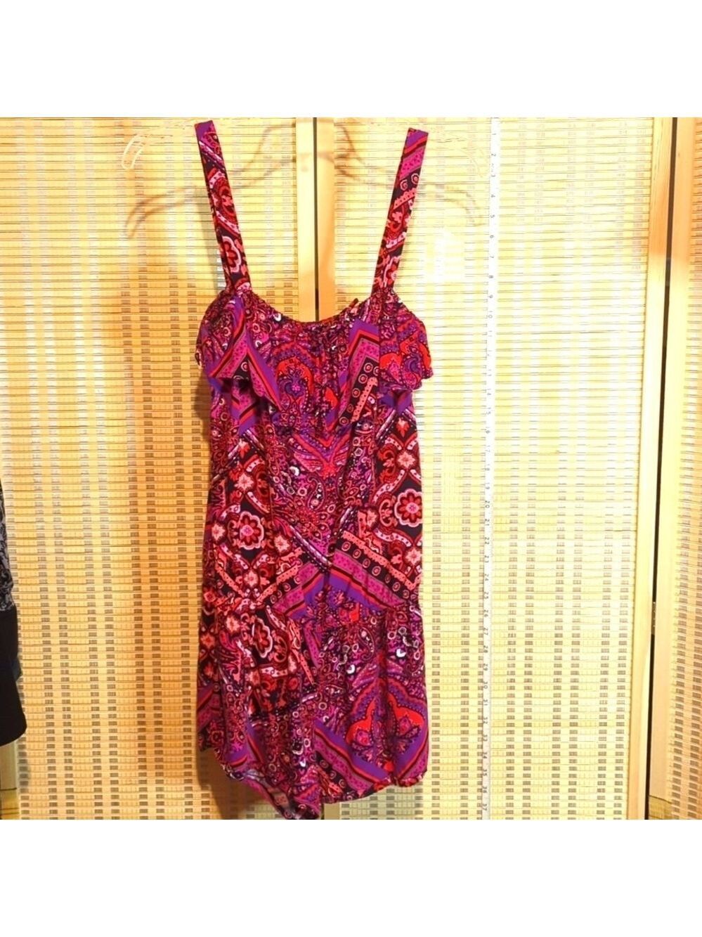 Fresh brewed Romper pink purple black paisley Sz M EUC